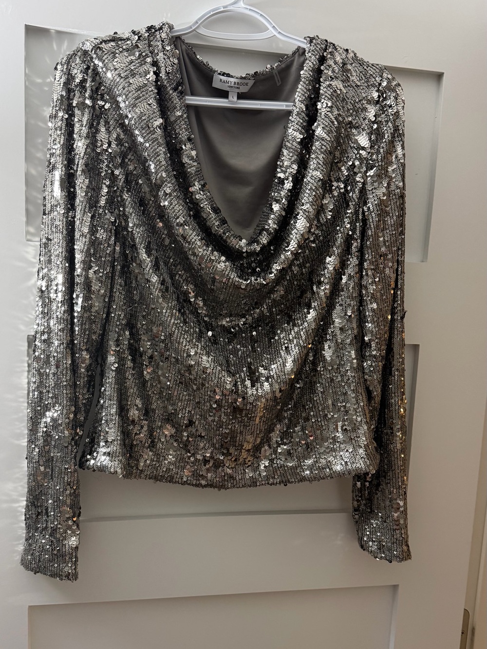 Ramy Brook Silver Sequin Cowl-Neck Long Sleeve Top